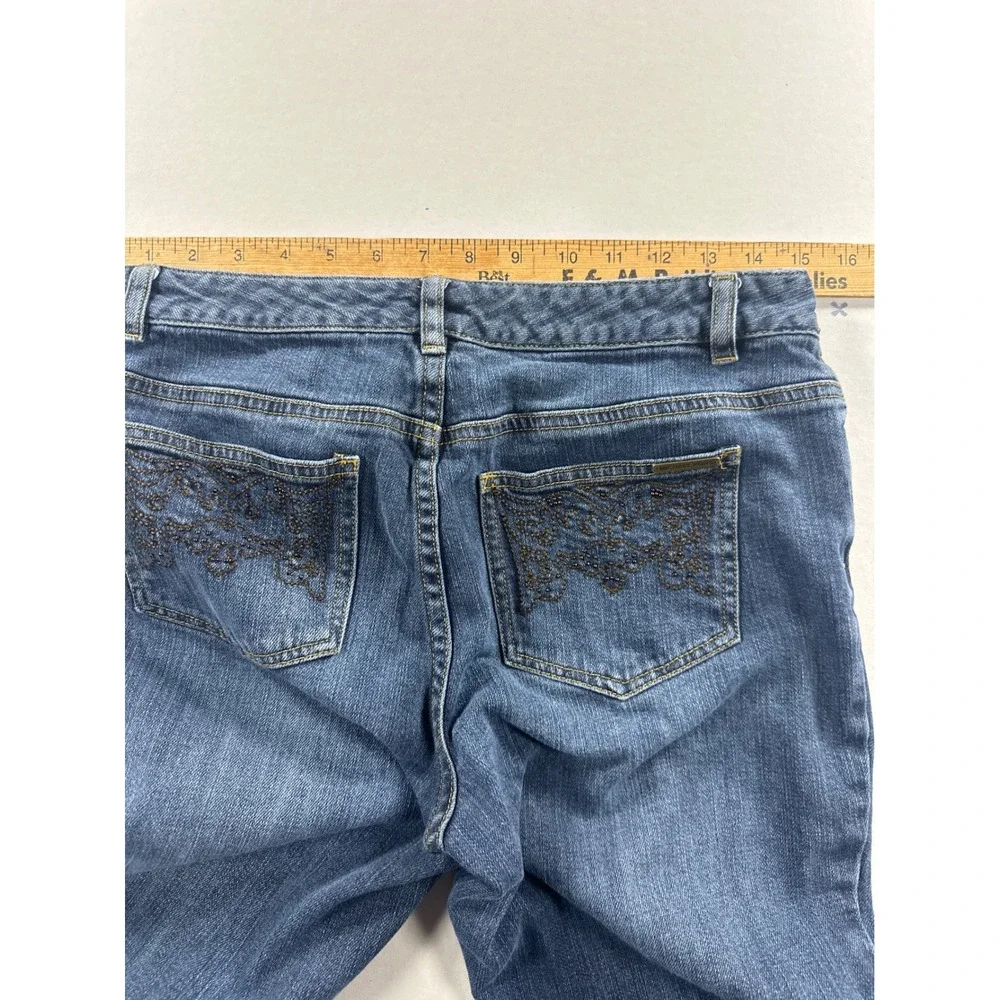 Michael Kors Womens Flare Leg Jeans Blue Beaded Embroidered Denim Size 8